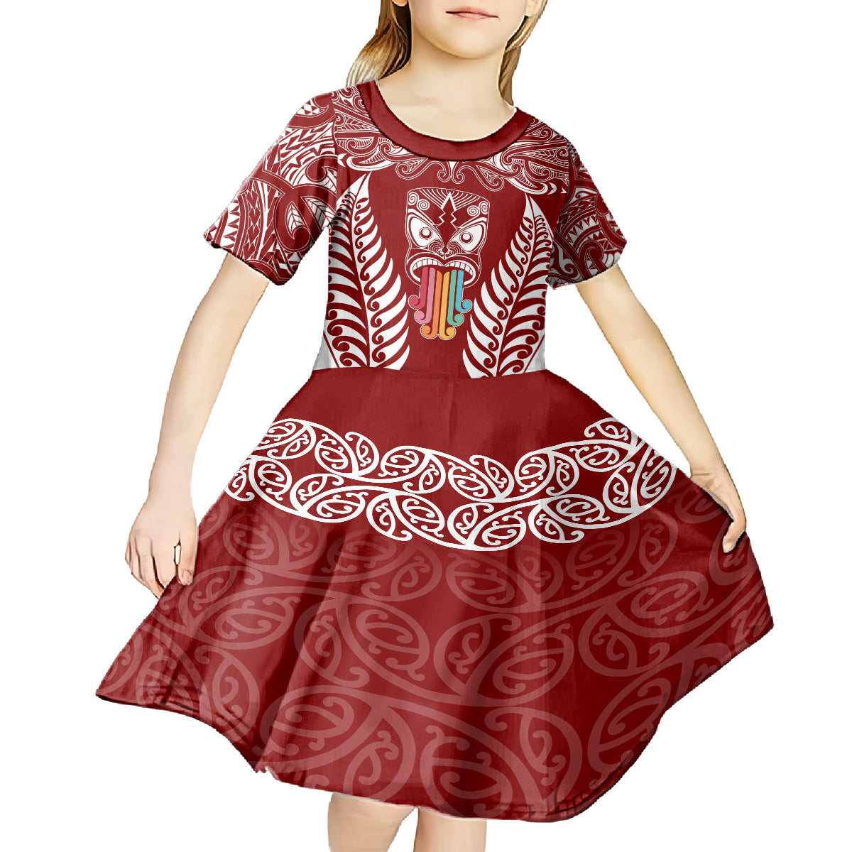 Personalised Kia Kaha Te Reo Maori Kid Short Sleeve Dress Hei Tiki Mix Koru - Red LT7 - Polynesian Pride