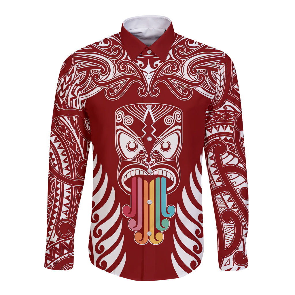 personalised-kia-kaha-te-reo-maori-long-sleeve-button-shirt-hei-tiki-mix-koru-red