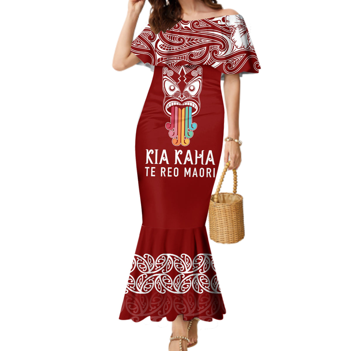 personalised-kia-kaha-te-reo-maori-mermaid-dress-hei-tiki-mix-koru-red