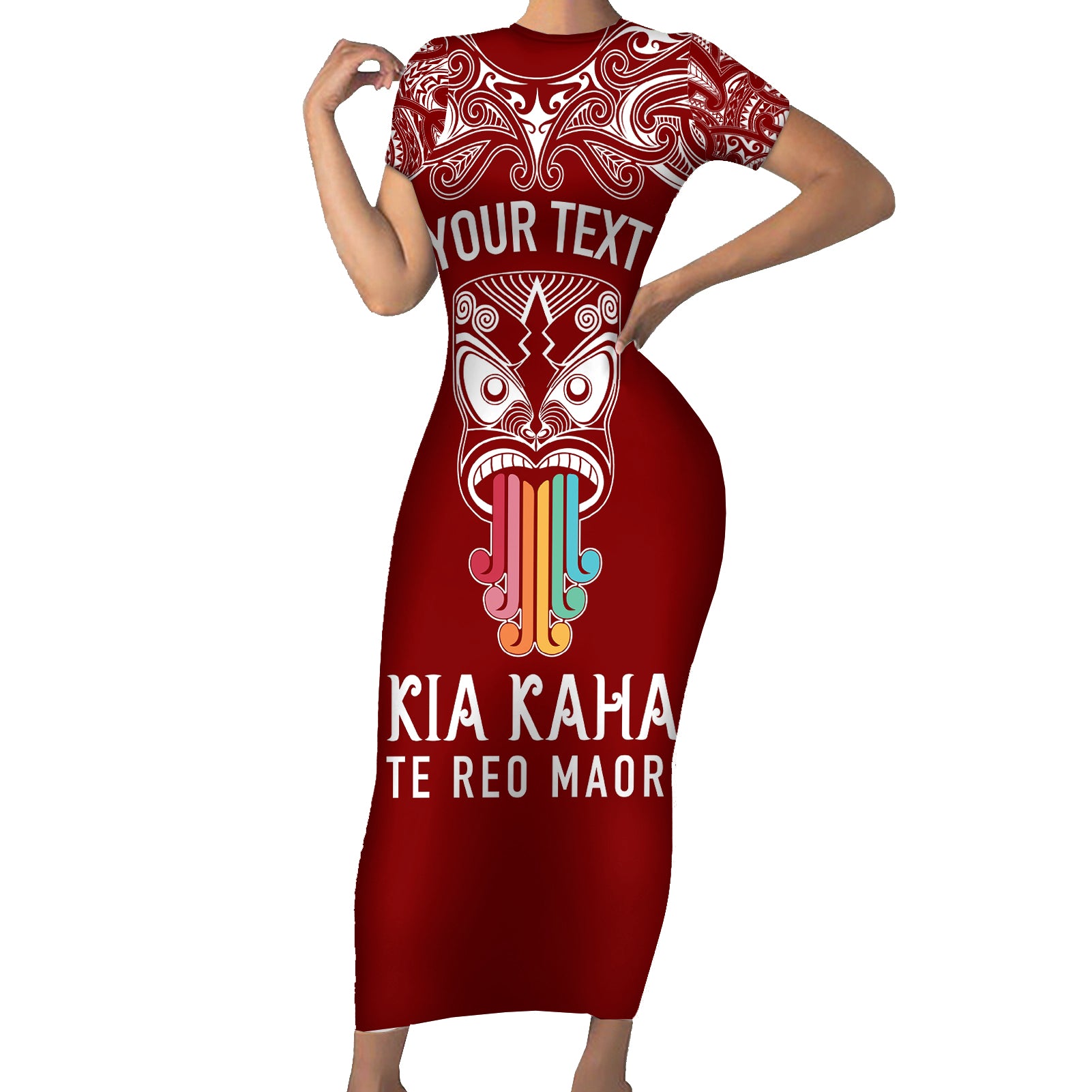 personalised-kia-kaha-te-reo-maori-short-sleeve-bodycon-dress-hei-tiki-mix-koru-red