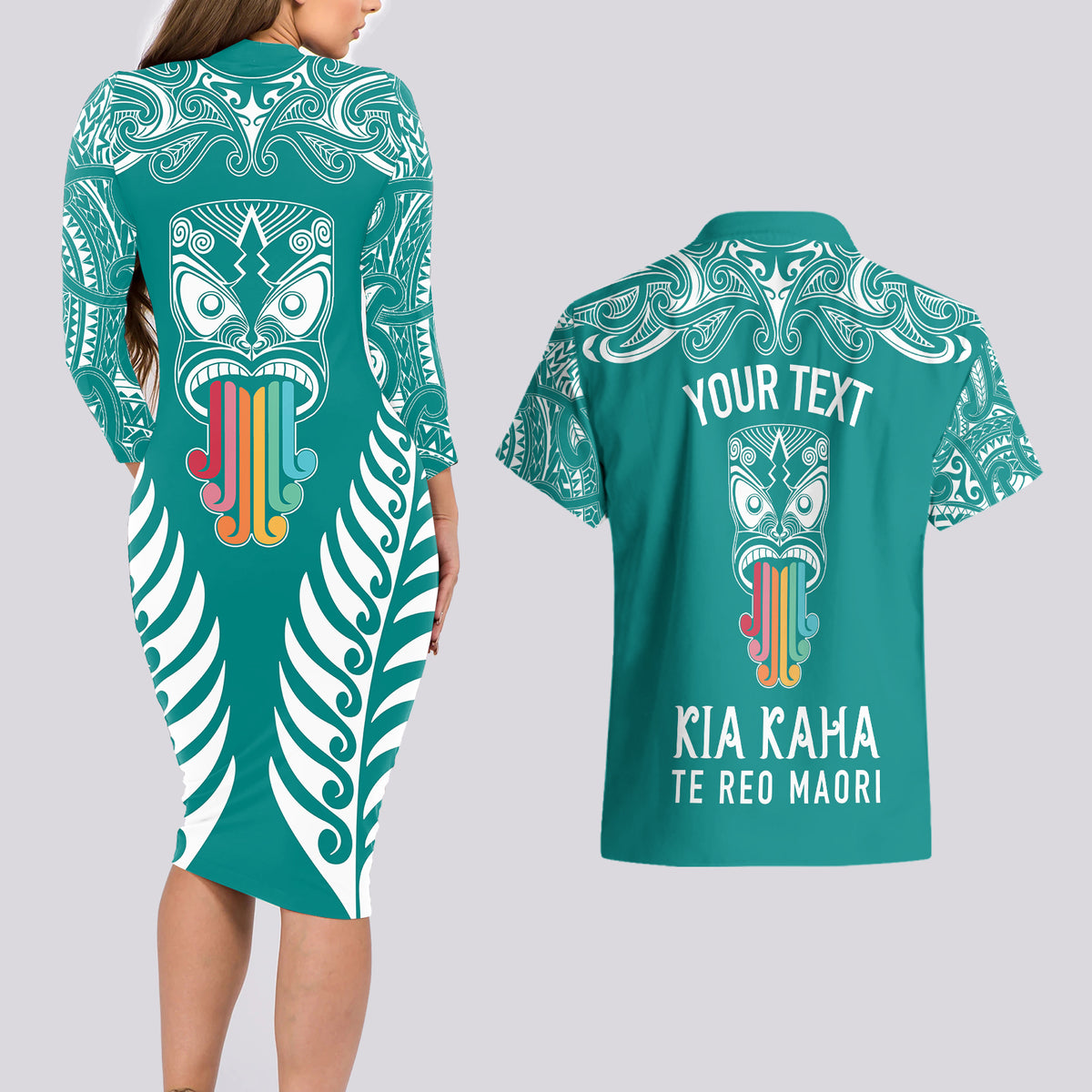 Personalised Kia Kaha Te Reo Maori Couples Matching Long Sleeve Bodycon Dress and Hawaiian Shirt Hei Tiki Mix Koru - Teal LT7 - Polynesian Pride