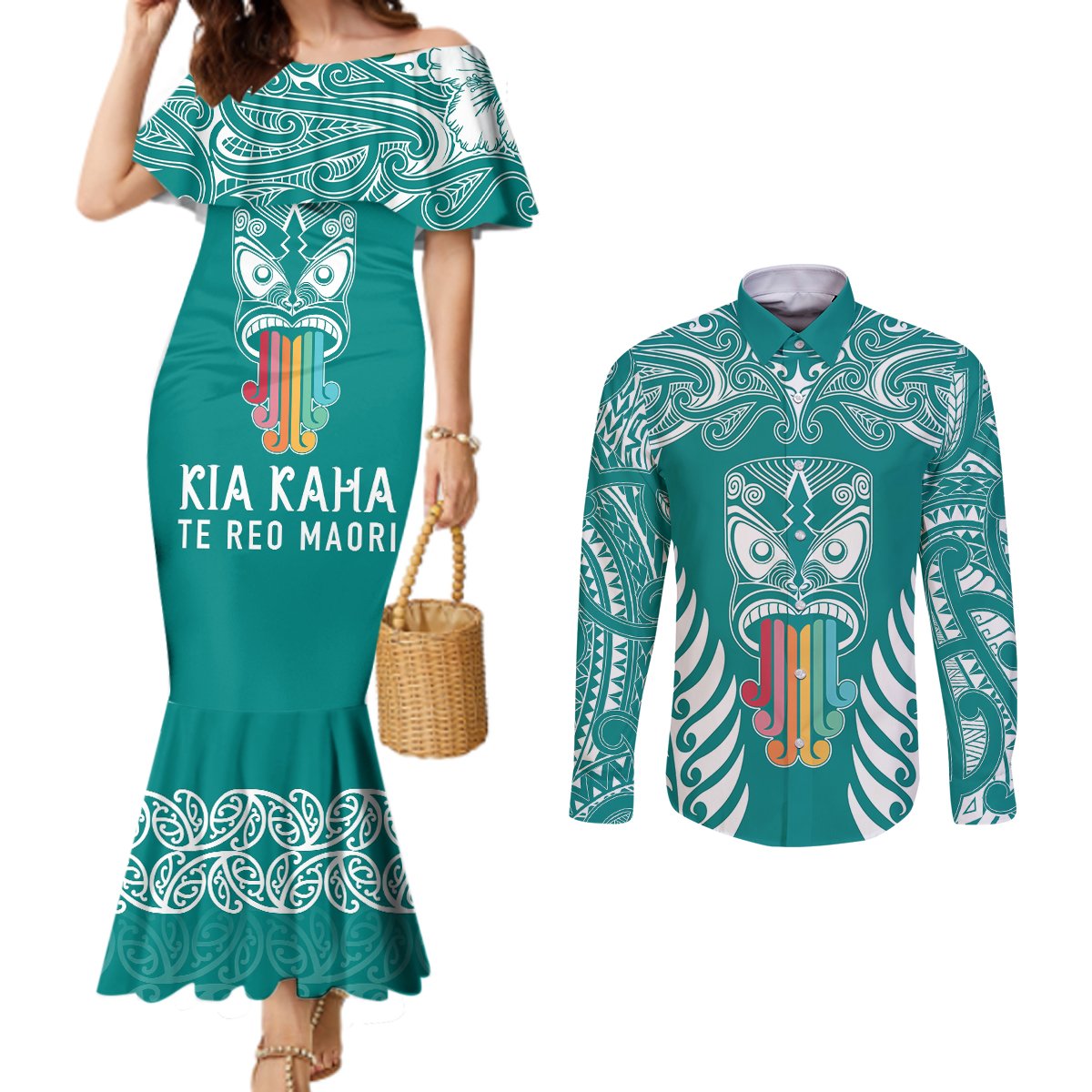 Personalised Kia Kaha Te Reo Maori Couples Matching Mermaid Dress and Long Sleeve Button Shirts Hei Tiki Mix Koru - Teal LT7 Teal - Polynesian Pride