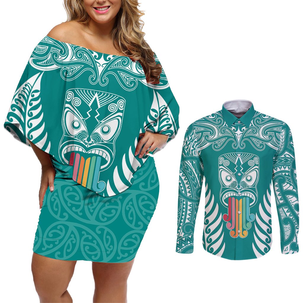Personalised Kia Kaha Te Reo Maori Couples Matching Off Shoulder Short Dress and Long Sleeve Button Shirts Hei Tiki Mix Koru - Teal LT7 Teal - Polynesian Pride