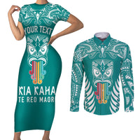Personalised Kia Kaha Te Reo Maori Couples Matching Short Sleeve Bodycon Dress and Long Sleeve Button Shirts Hei Tiki Mix Koru - Teal LT7 Teal - Polynesian Pride