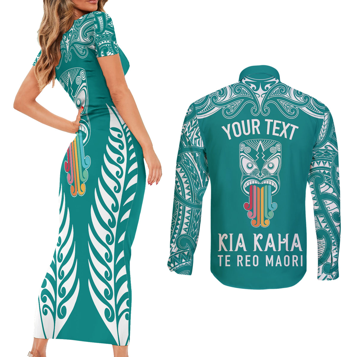 Personalised Kia Kaha Te Reo Maori Couples Matching Short Sleeve Bodycon Dress and Long Sleeve Button Shirts Hei Tiki Mix Koru - Teal LT7 - Polynesian Pride
