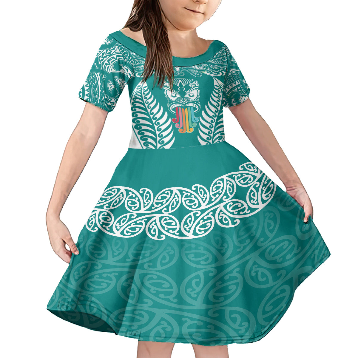 Personalised Kia Kaha Te Reo Maori Family Matching Off Shoulder Maxi Dress and Hawaiian Shirt Hei Tiki Mix Koru - Teal LT7 Daughter's Dress Teal - Polynesian Pride