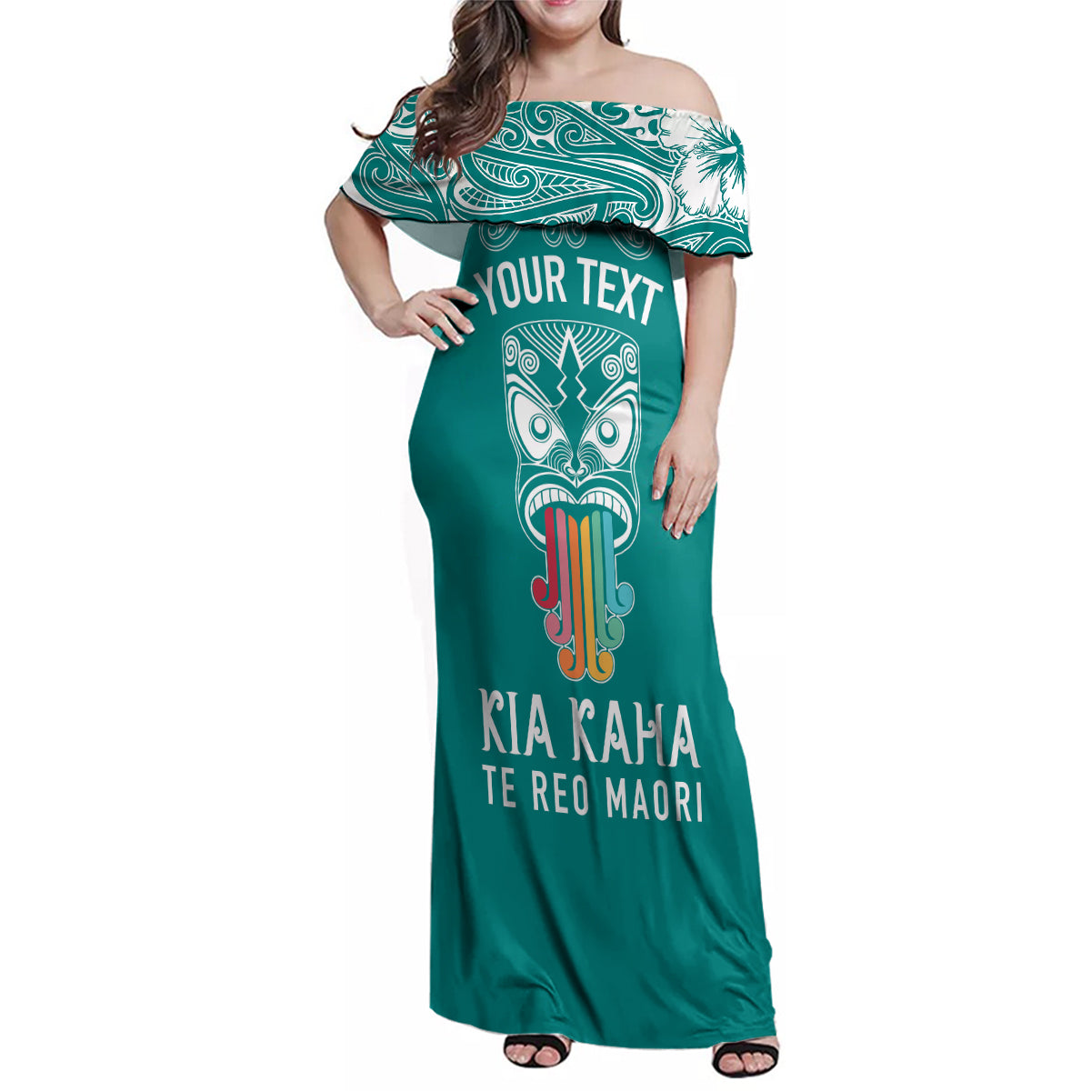 Personalised Kia Kaha Te Reo Maori Family Matching Off Shoulder Maxi Dress and Hawaiian Shirt Hei Tiki Mix Koru - Teal LT7 Dad's Shirt - Long Sleeve Teal - Polynesian Pride