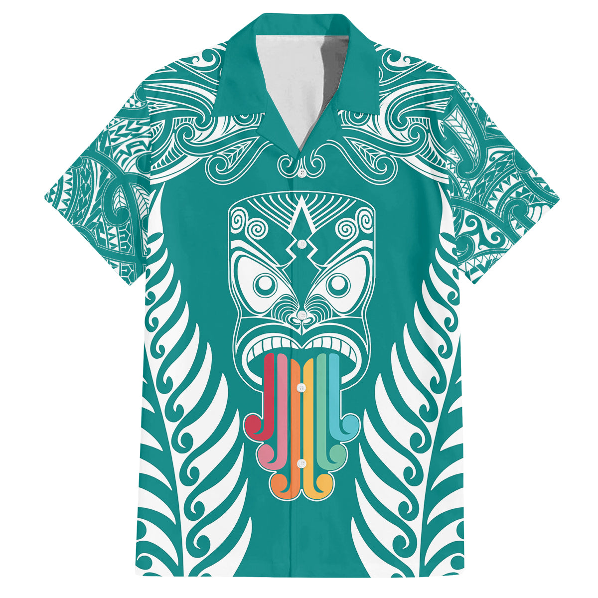 Personalised Kia Kaha Te Reo Maori Family Matching Puletasi Dress and Hawaiian Shirt Hei Tiki Mix Koru - Teal LT7 Dad's Shirt - Short Sleeve Teal - Polynesian Pride