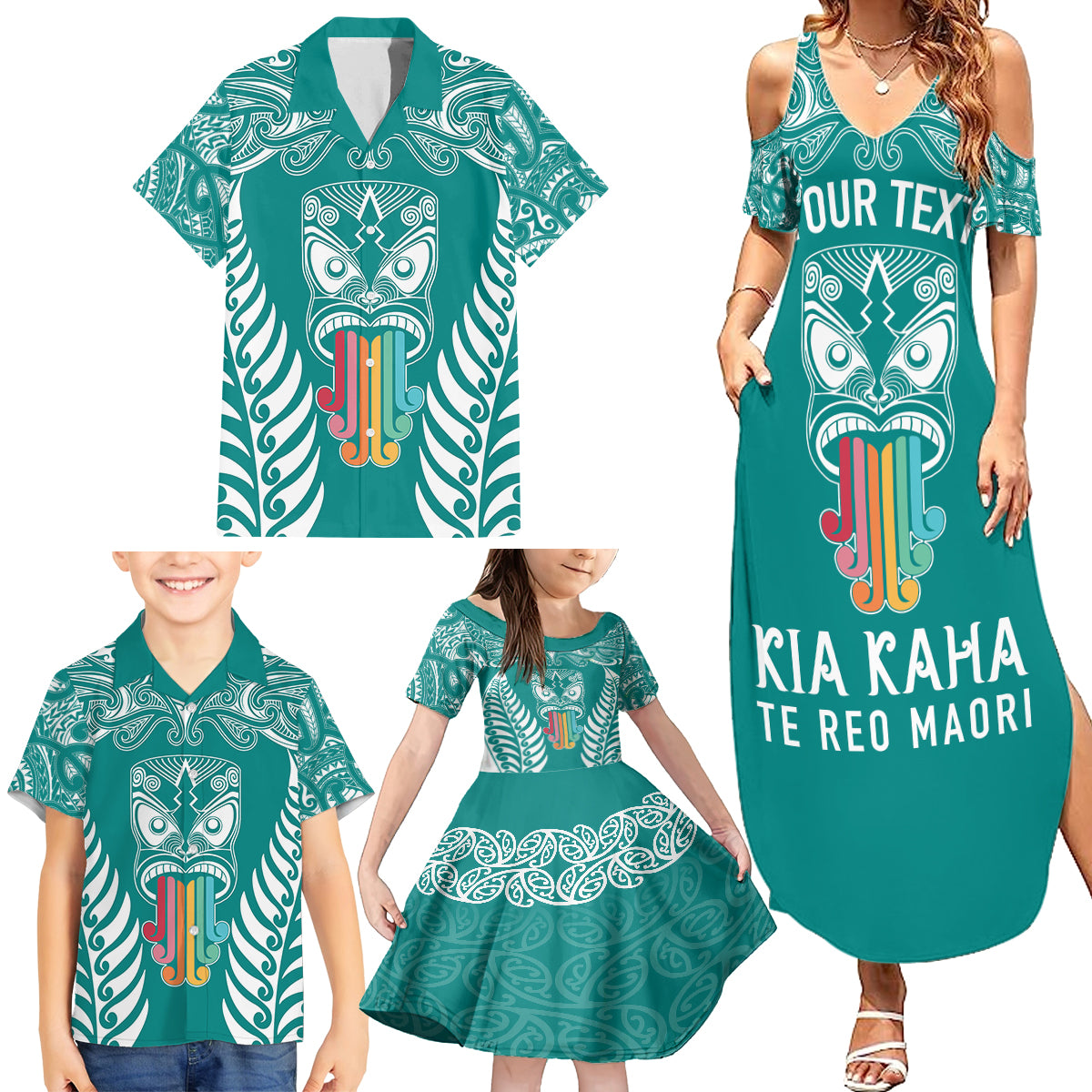 Personalised Kia Kaha Te Reo Maori Family Matching Summer Maxi Dress and Hawaiian Shirt Hei Tiki Mix Koru - Teal LT7 - Polynesian Pride