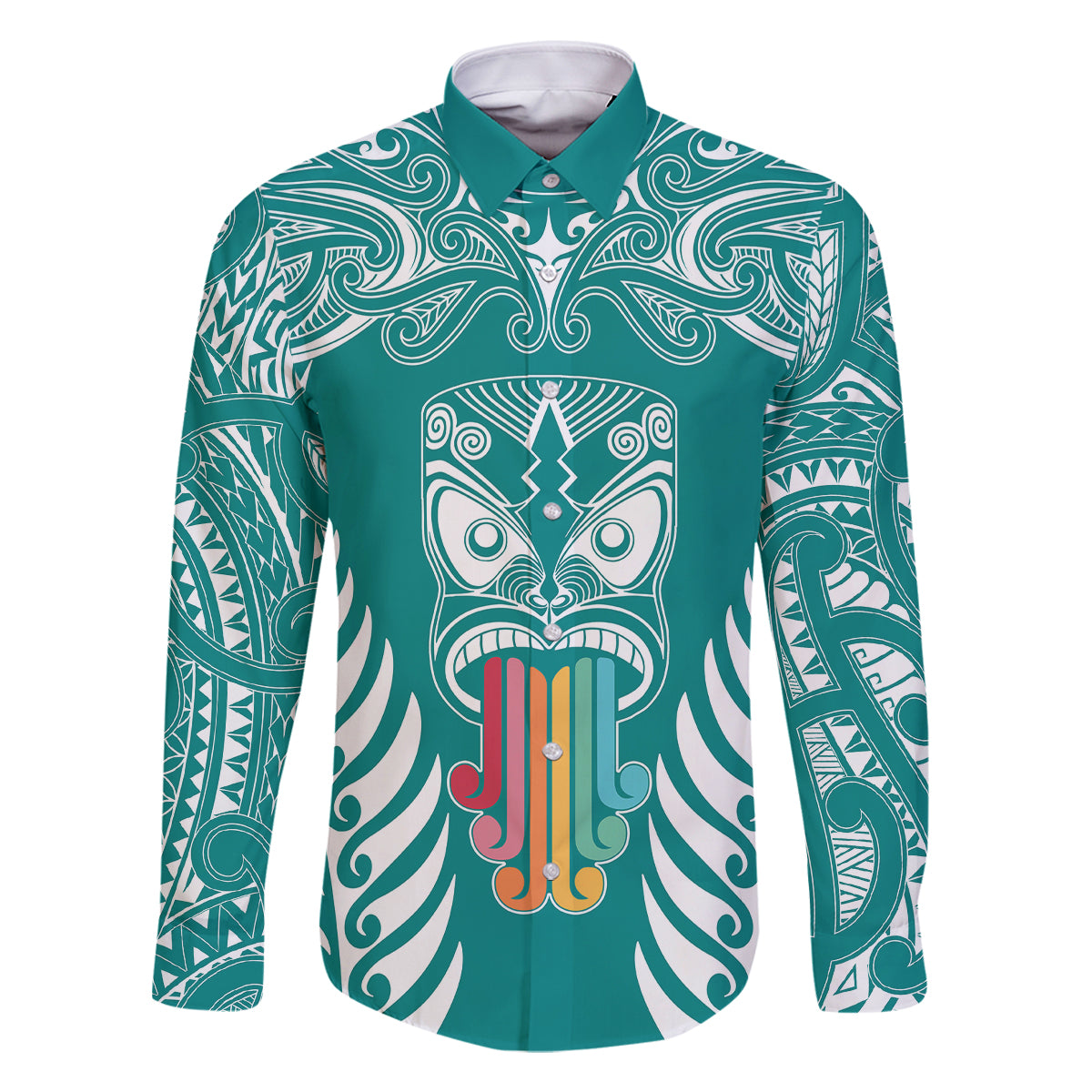 Personalised Kia Kaha Te Reo Maori Family Matching Summer Maxi Dress and Hawaiian Shirt Hei Tiki Mix Koru - Teal LT7 Dad's Shirt - Long Sleeve Teal - Polynesian Pride