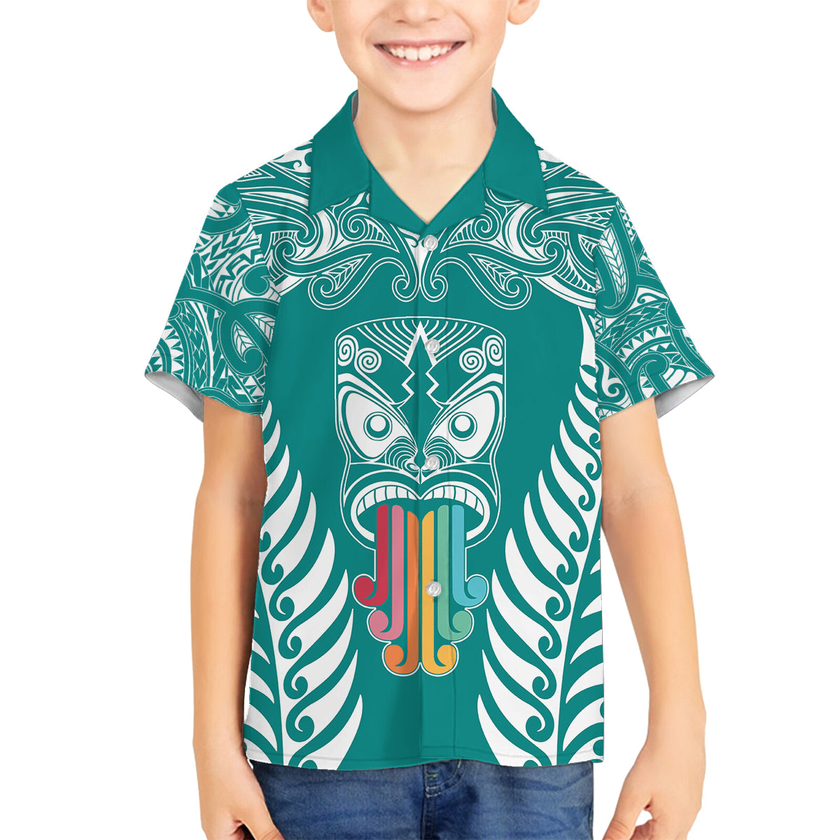 Personalised Kia Kaha Te Reo Maori Family Matching Summer Maxi Dress and Hawaiian Shirt Hei Tiki Mix Koru - Teal LT7 Son's Shirt Teal - Polynesian Pride