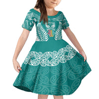 Personalised Kia Kaha Te Reo Maori Family Matching Tank Maxi Dress and Hawaiian Shirt Hei Tiki Mix Koru - Teal LT7 Daughter's Dress Teal - Polynesian Pride