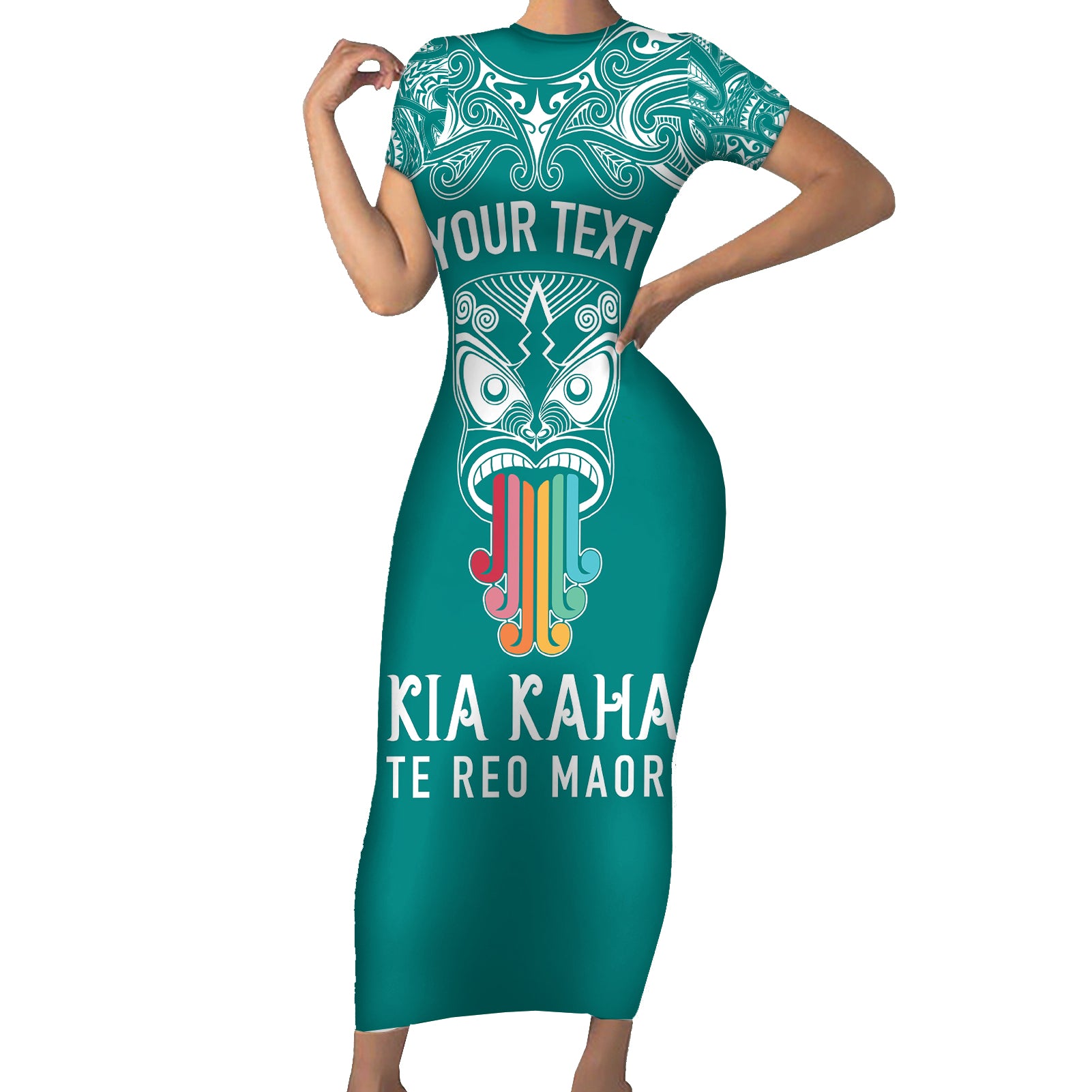 personalised-kia-kaha-te-reo-maori-short-sleeve-bodycon-dress-hei-tiki-mix-koru-teal