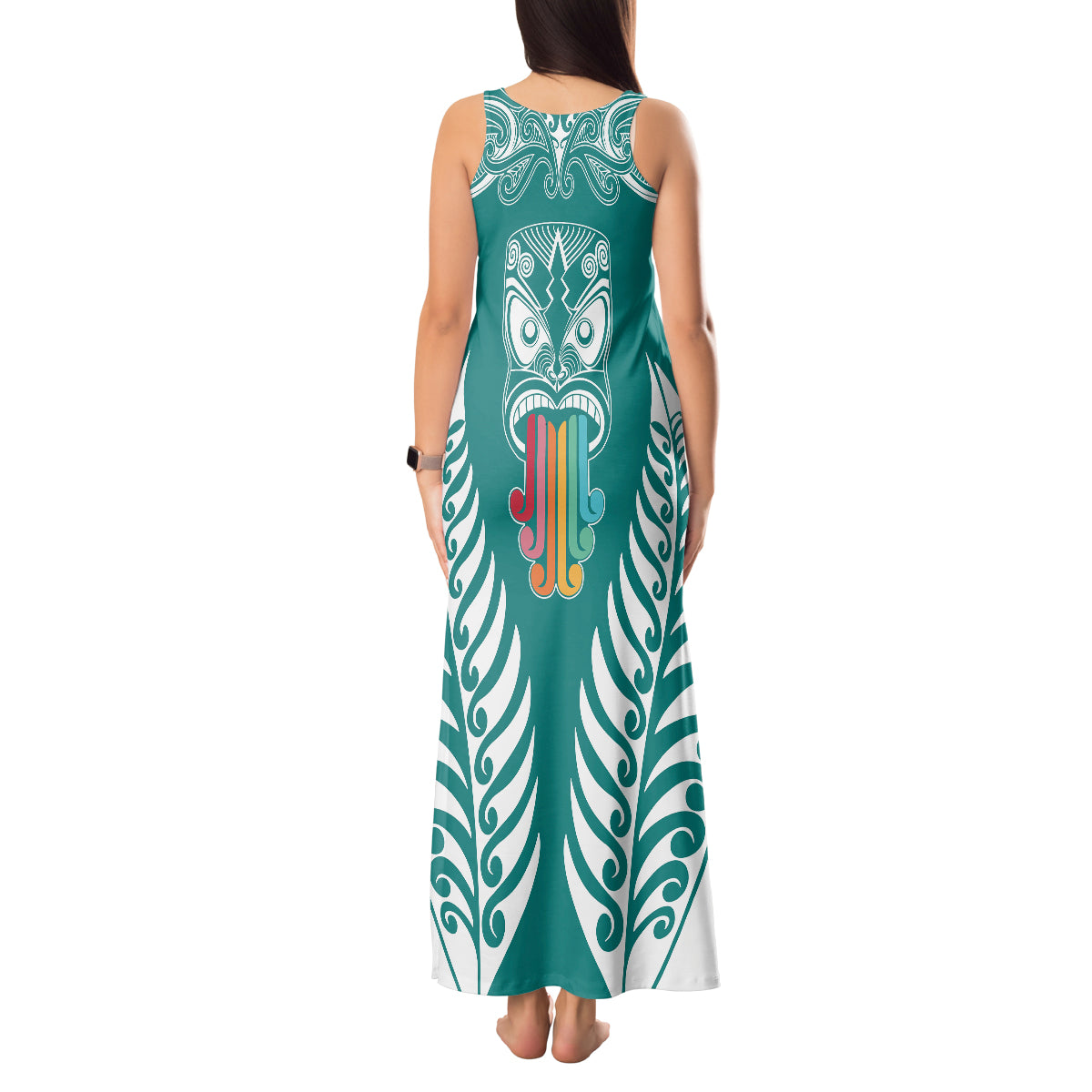 personalised-kia-kaha-te-reo-maori-tank-maxi-dress-hei-tiki-mix-koru-teal