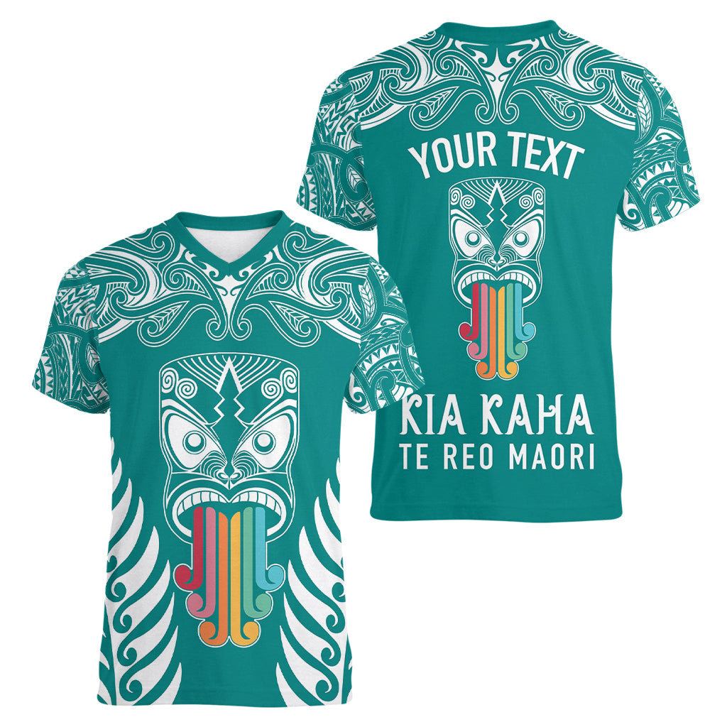 personalised-kia-kaha-te-reo-maori-women-v-neck-t-shirt-hei-tiki-mix-koru-teal