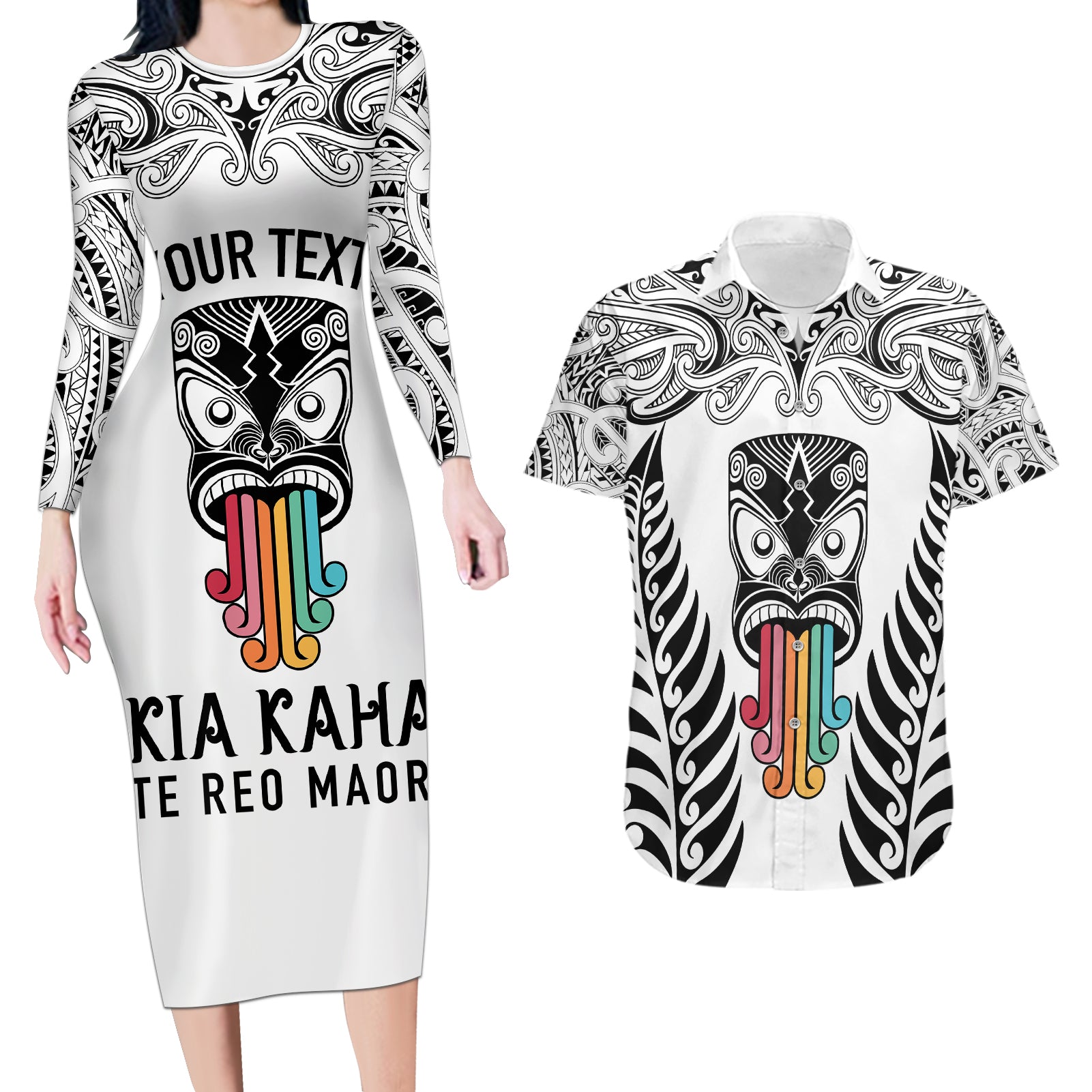 personalised-kia-kaha-te-reo-maori-couples-matching-long-sleeve-bodycon-dress-and-hawaiian-shirt-hei-tiki-mix-koru-white