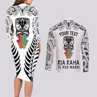 Personalised Kia Kaha Te Reo Maori Couples Matching Long Sleeve Bodycon Dress and Long Sleeve Button Shirts Hei Tiki Mix Koru - White LT7 - Polynesian Pride