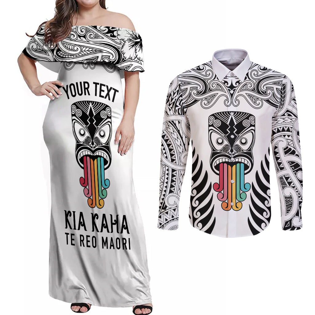Personalised Kia Kaha Te Reo Maori Couples Matching Off Shoulder Maxi Dress and Long Sleeve Button Shirts Hei Tiki Mix Koru - White LT7 White - Polynesian Pride