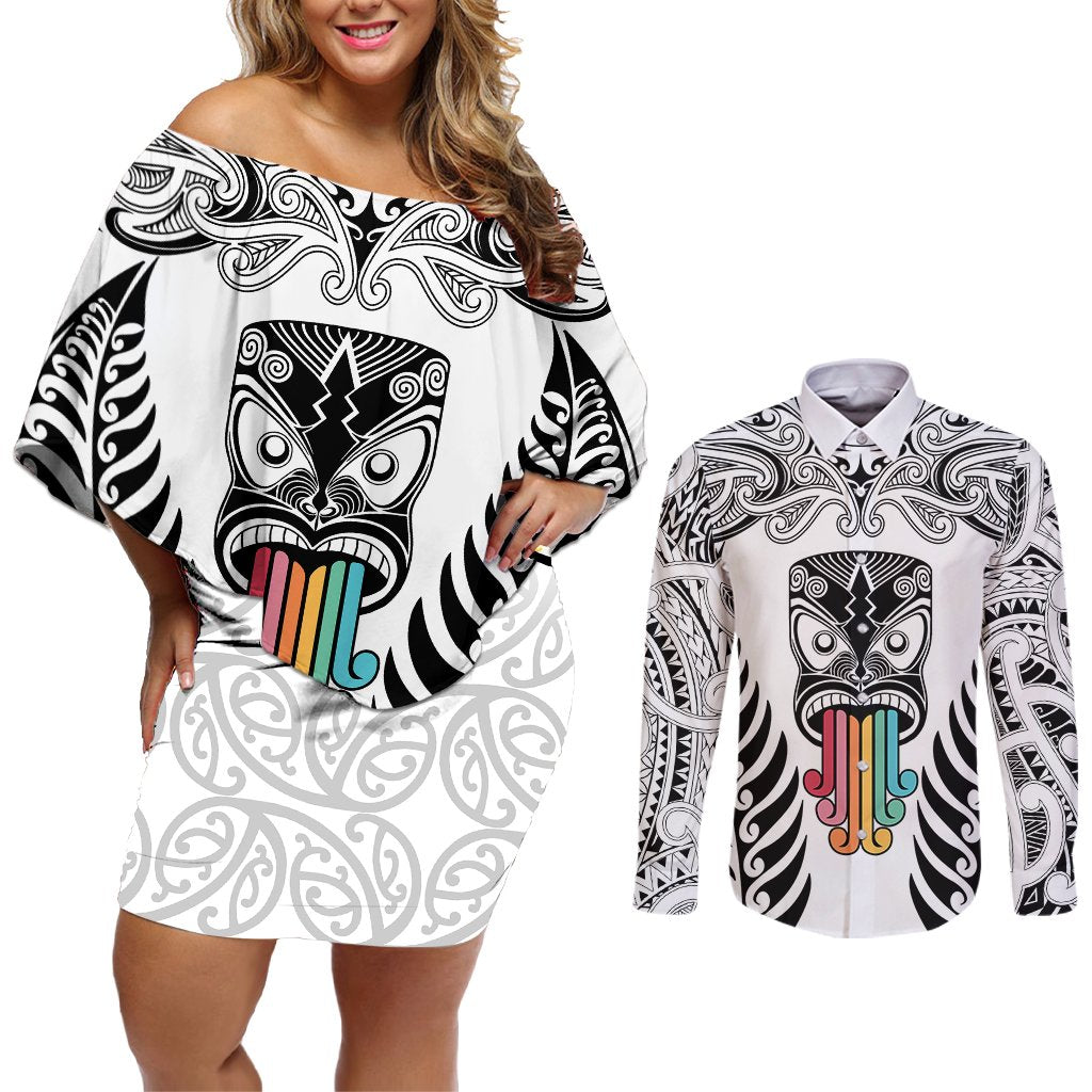 Personalised Kia Kaha Te Reo Maori Couples Matching Off Shoulder Short Dress and Long Sleeve Button Shirts Hei Tiki Mix Koru - White LT7 White - Polynesian Pride