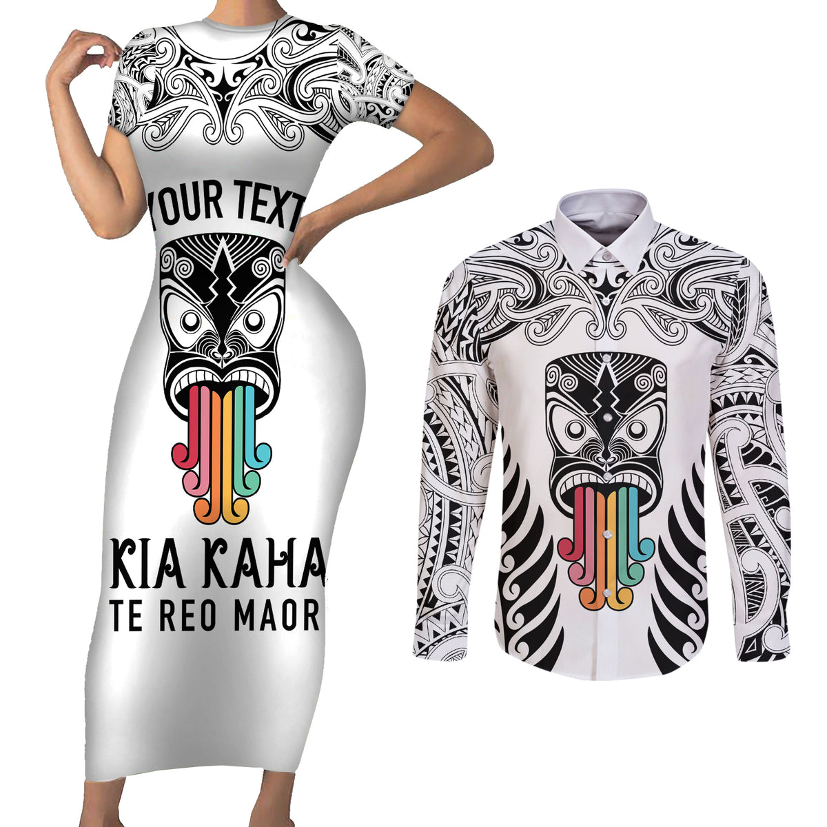 Personalised Kia Kaha Te Reo Maori Couples Matching Short Sleeve Bodycon Dress and Long Sleeve Button Shirts Hei Tiki Mix Koru - White LT7 White - Polynesian Pride
