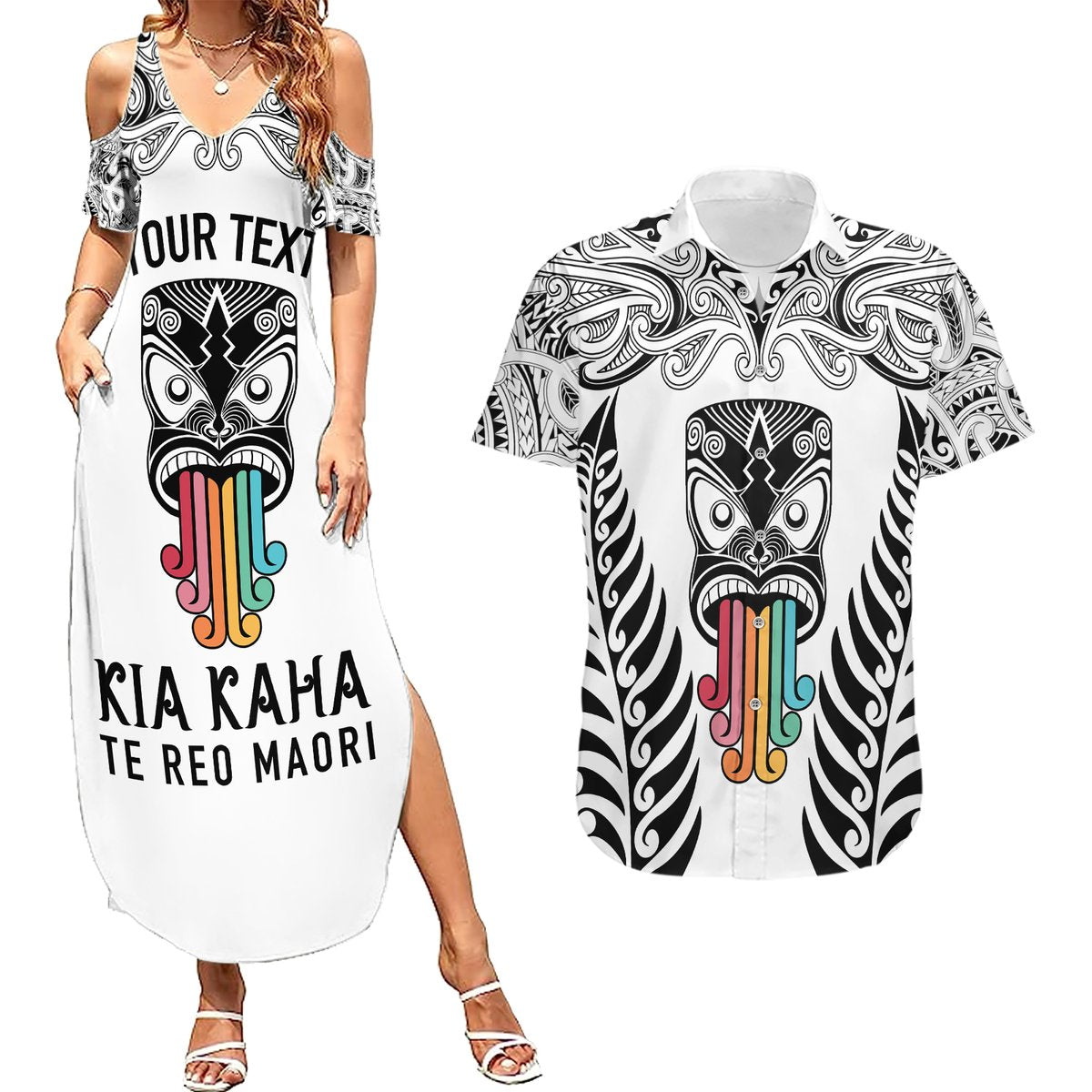 Personalised Kia Kaha Te Reo Maori Couples Matching Summer Maxi Dress and Hawaiian Shirt Hei Tiki Mix Koru - White LT7 White - Polynesian Pride