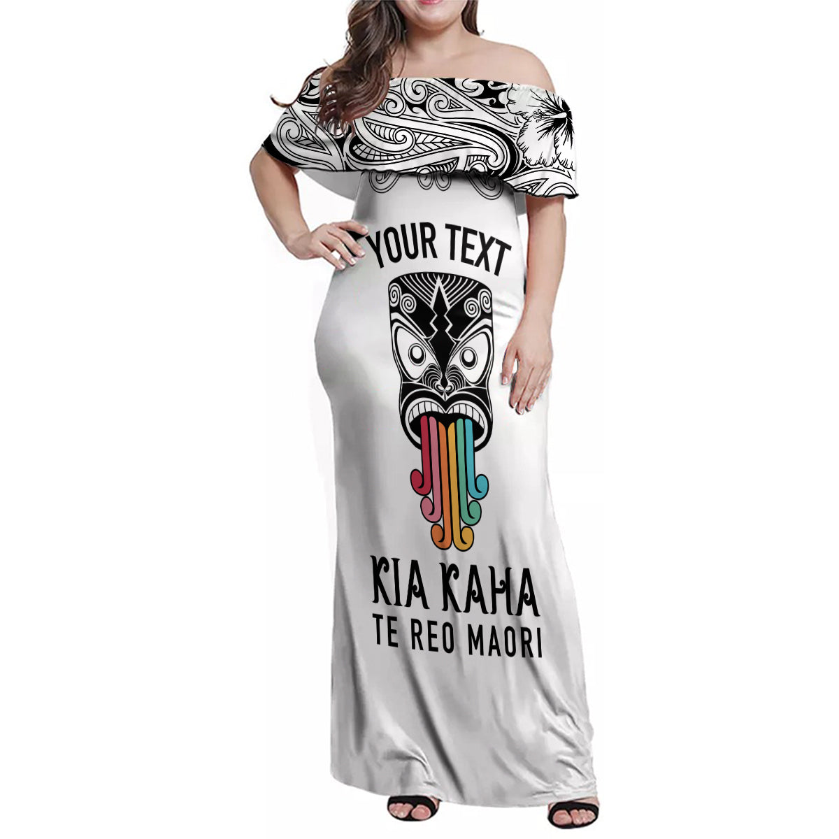 Personalised Kia Kaha Te Reo Maori Family Matching Off Shoulder Maxi Dress and Hawaiian Shirt Hei Tiki Mix Koru - White LT7 Dad's Shirt - Long Sleeve White - Polynesian Pride