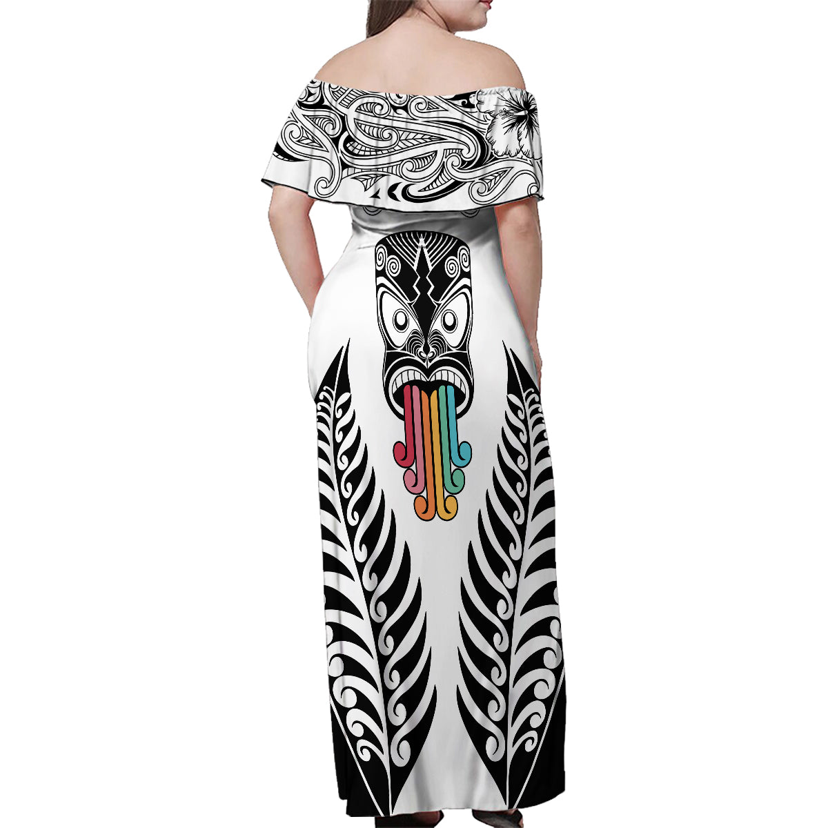 Personalised Kia Kaha Te Reo Maori Family Matching Off Shoulder Maxi Dress and Hawaiian Shirt Hei Tiki Mix Koru - White LT7 - Polynesian Pride