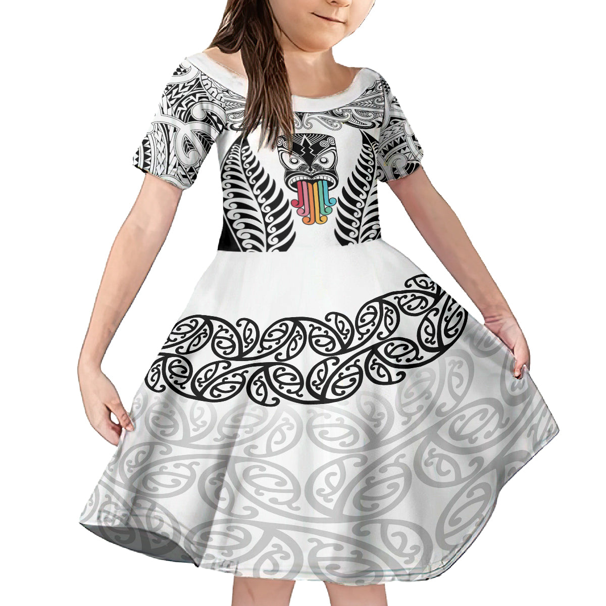 Personalised Kia Kaha Te Reo Maori Family Matching Tank Maxi Dress and Hawaiian Shirt Hei Tiki Mix Koru - White LT7 Daughter's Dress White - Polynesian Pride