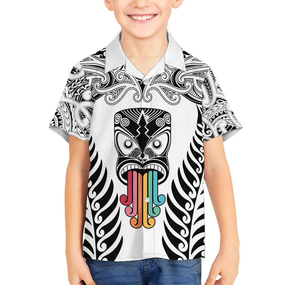 Personalised Kia Kaha Te Reo Maori Kid Hawaiian Shirt Hei Tiki Mix Koru - White LT7 - Polynesian Pride
