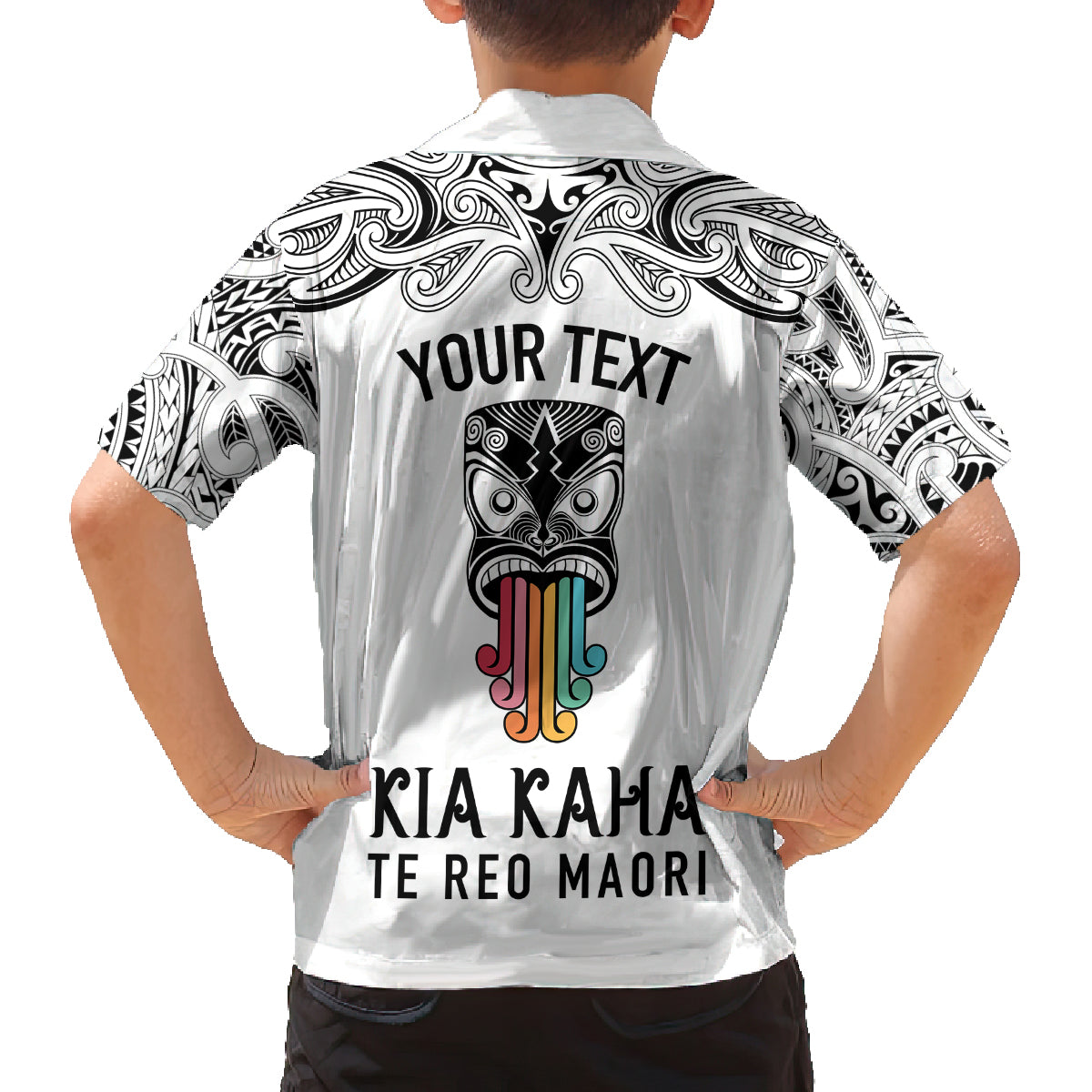 Personalised Kia Kaha Te Reo Maori Kid Hawaiian Shirt Hei Tiki Mix Koru - White LT7 - Polynesian Pride