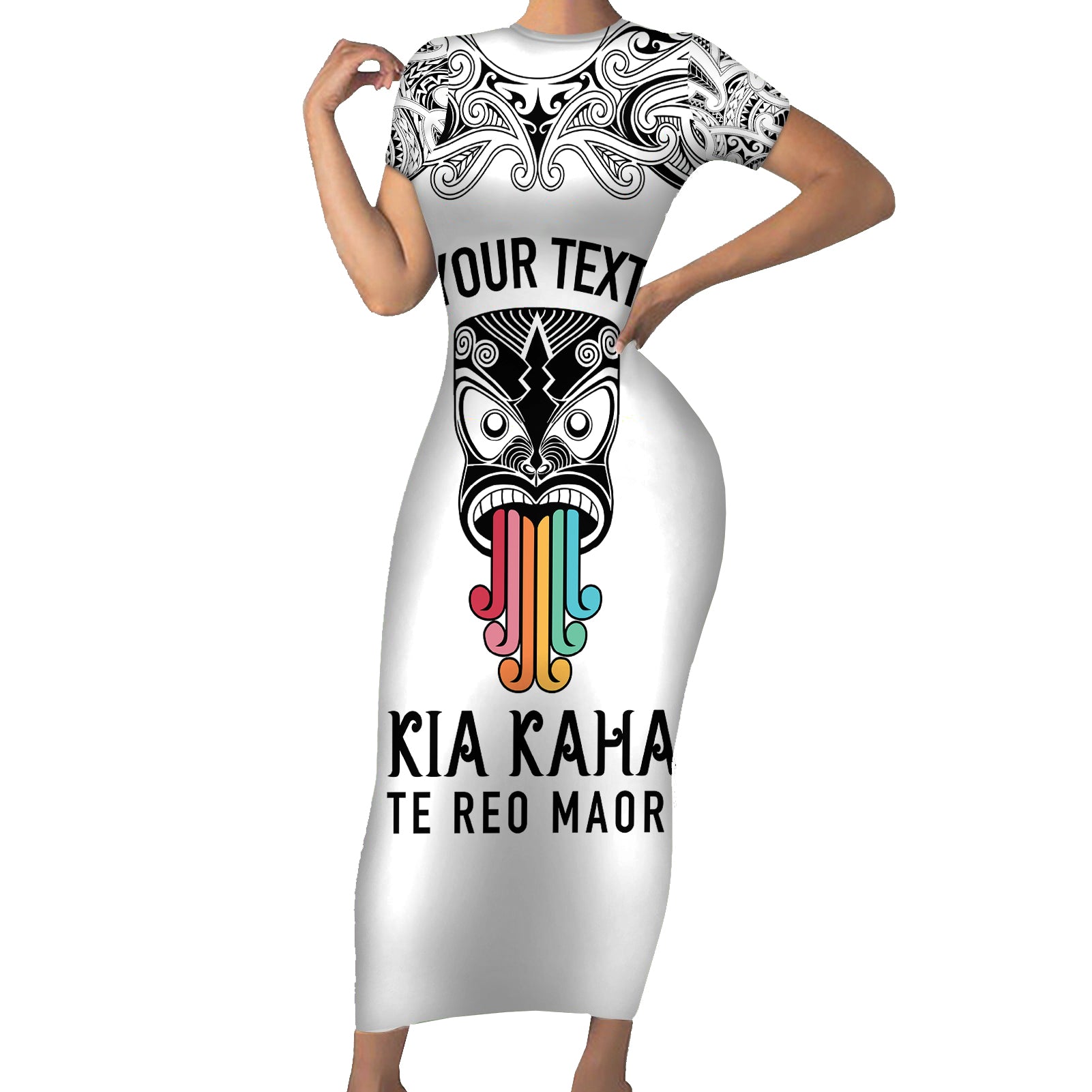 personalised-kia-kaha-te-reo-maori-short-sleeve-bodycon-dress-hei-tiki-mix-koru-white