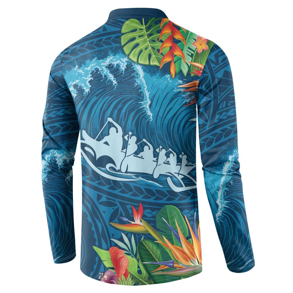 Outrigger Canoe Blue Button Sweatshirt On The Waves LT7 - Polynesian Pride