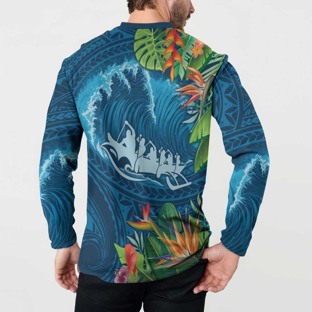 Outrigger Canoe Blue Button Sweatshirt On The Waves LT7 - Polynesian Pride