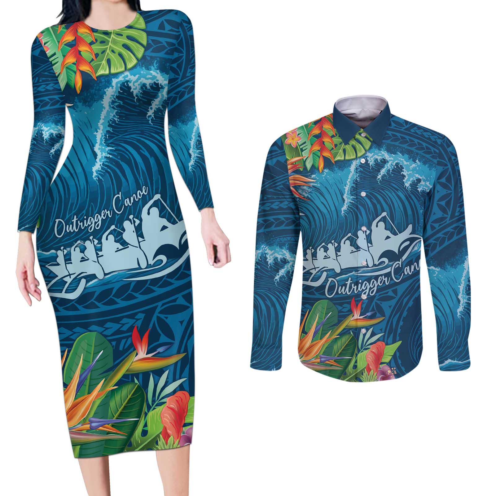Outrigger Canoe Blue Couples Matching Long Sleeve Bodycon Dress and Long Sleeve Button Shirt On The Waves