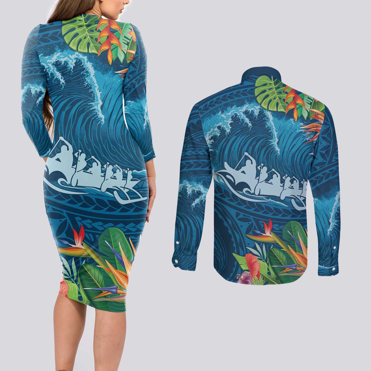 Outrigger Canoe Blue Couples Matching Long Sleeve Bodycon Dress and Long Sleeve Button Shirt On The Waves