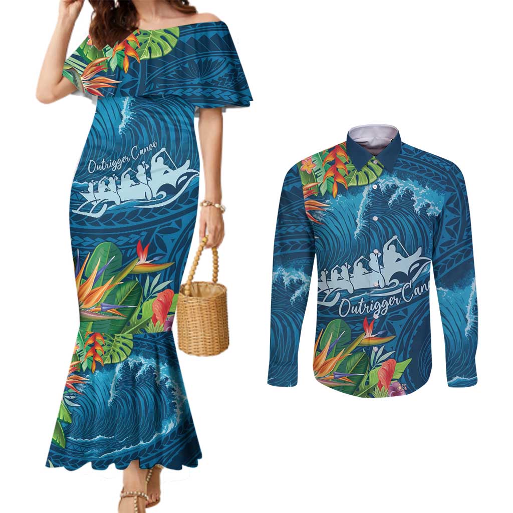 Outrigger Canoe Blue Couples Matching Mermaid Dress and Long Sleeve Button Shirt On The Waves