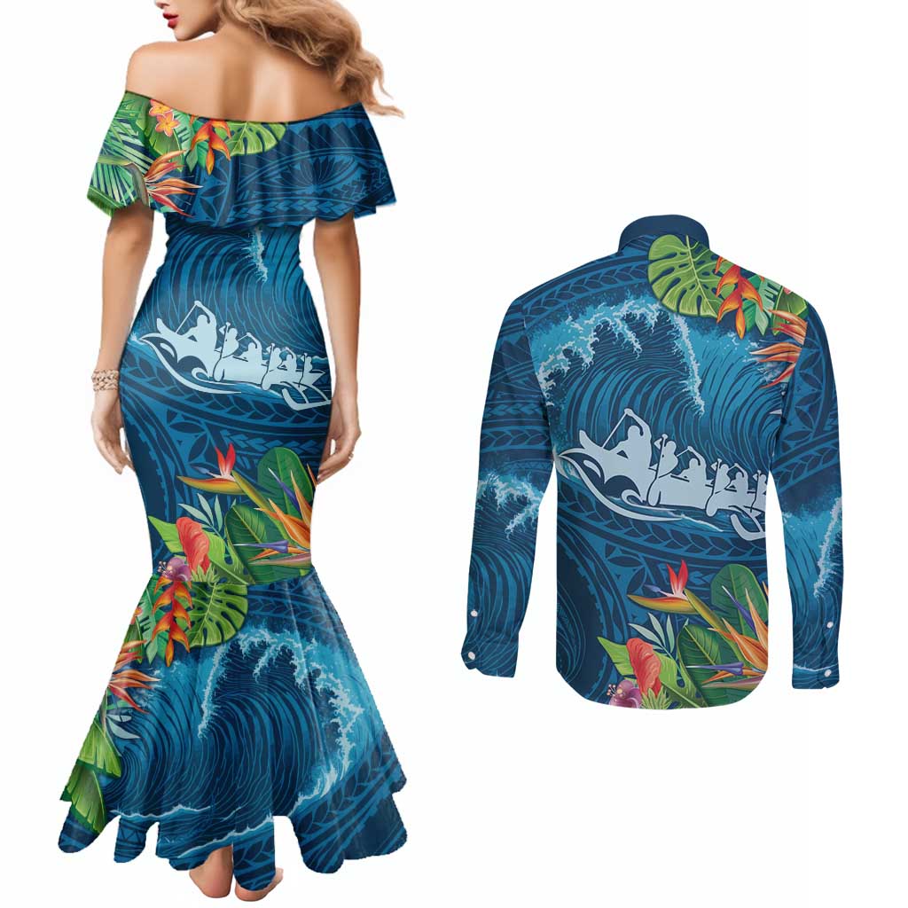 Outrigger Canoe Blue Couples Matching Mermaid Dress and Long Sleeve Button Shirt On The Waves