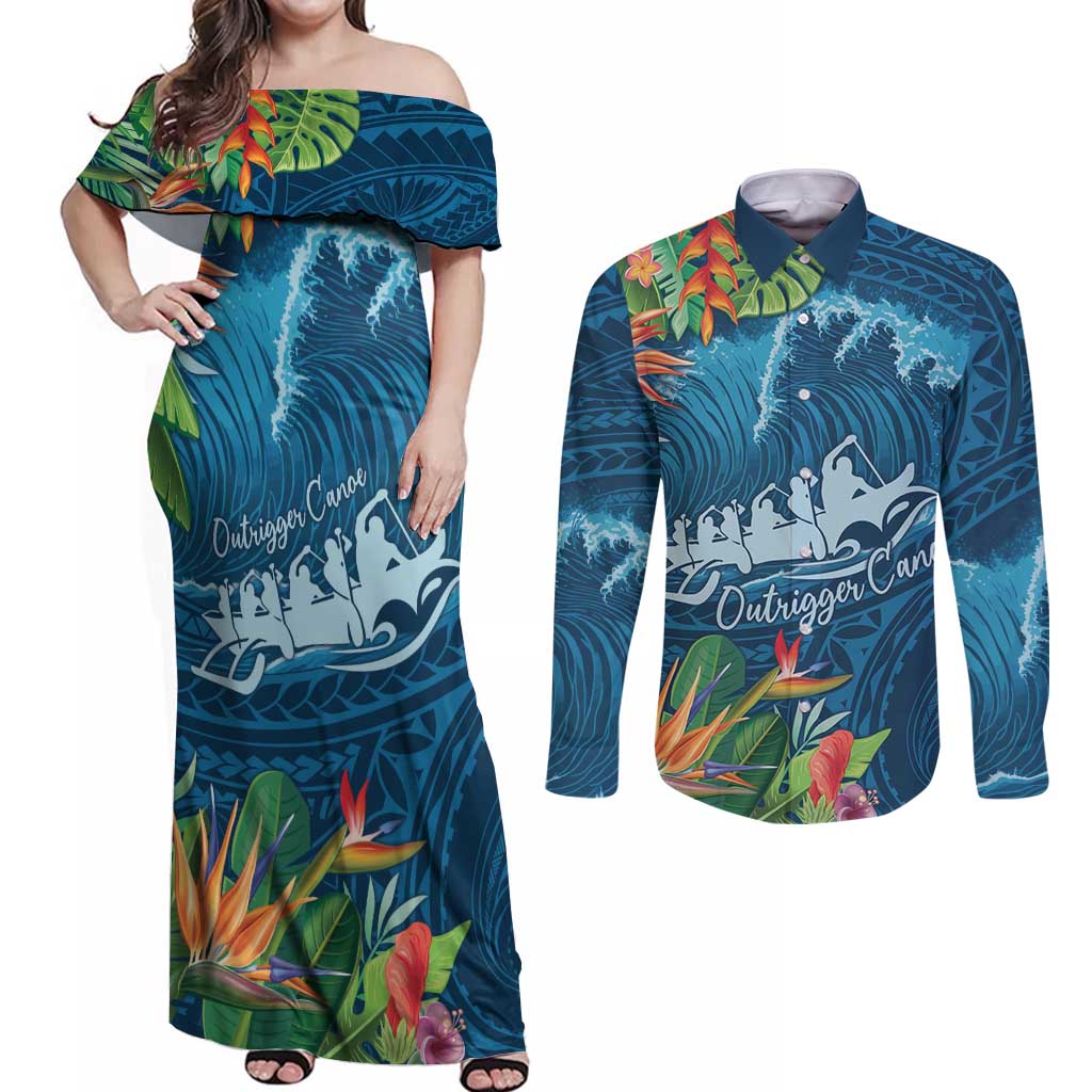 Outrigger Canoe Blue Couples Matching Off Shoulder Maxi Dress and Long Sleeve Button Shirt On The Waves