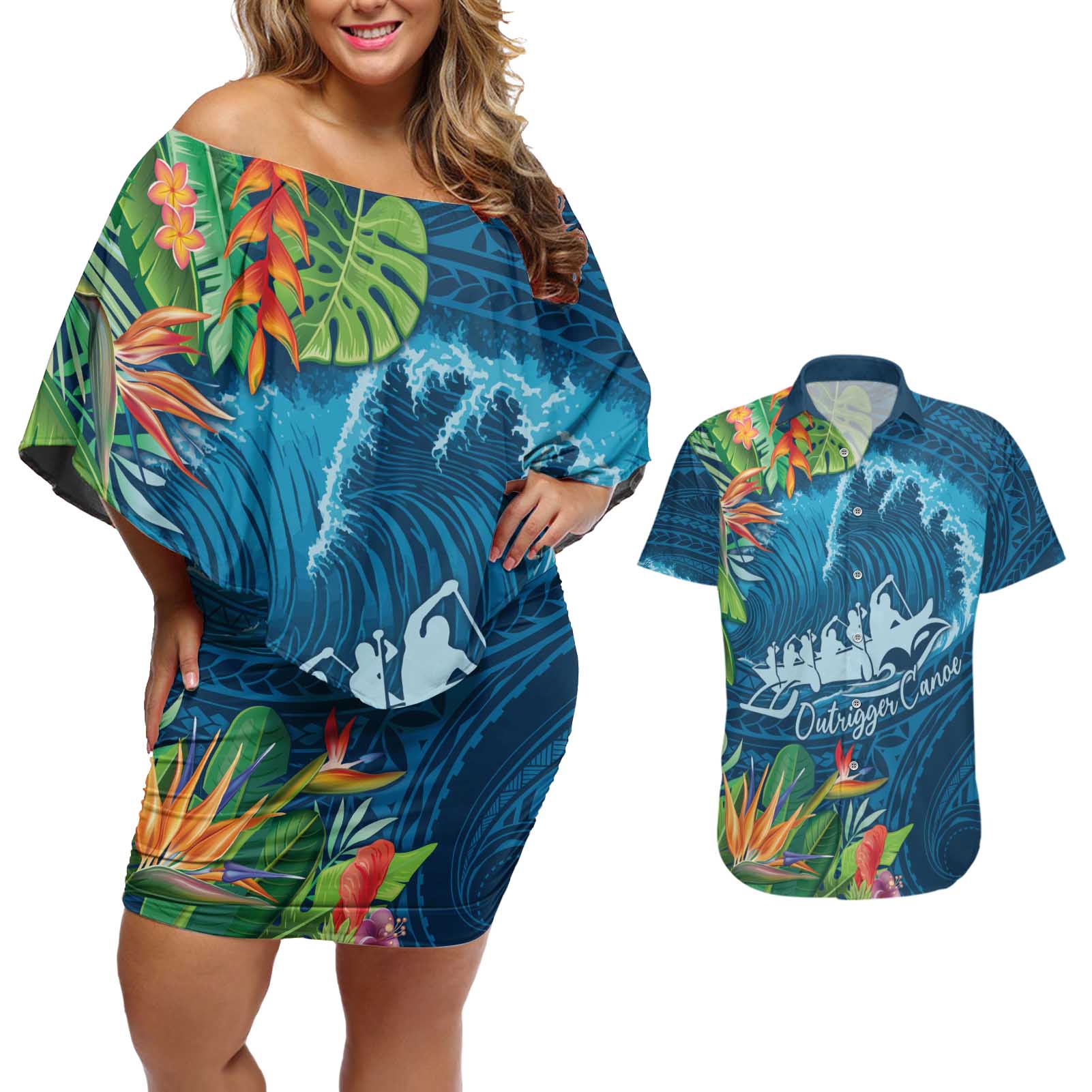 Outrigger Canoe Blue Couples Matching Off Shoulder Short Dress and Hawaiian Shirt On The Waves