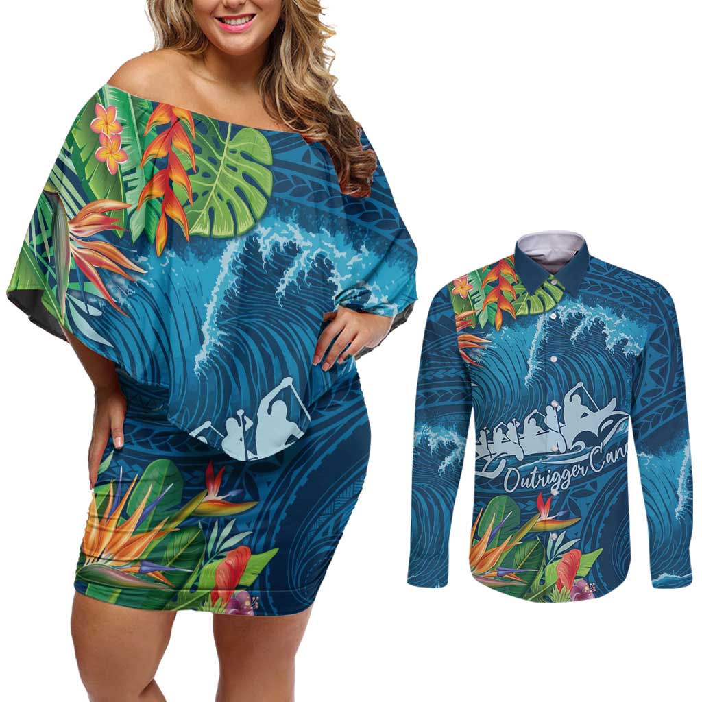 Outrigger Canoe Blue Couples Matching Off Shoulder Short Dress and Long Sleeve Button Shirt On The Waves