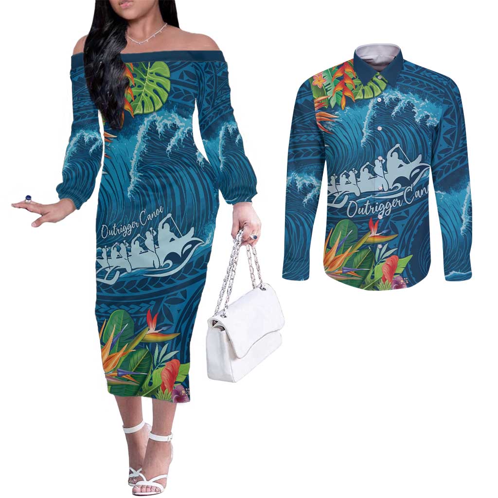 Outrigger Canoe Blue Couples Matching Off The Shoulder Long Sleeve Dress and Long Sleeve Button Shirt On The Waves