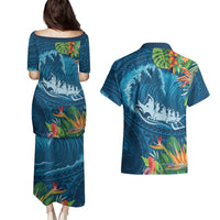 Outrigger Canoe Blue Couples Matching Puletasi and Hawaiian Shirt On The Waves