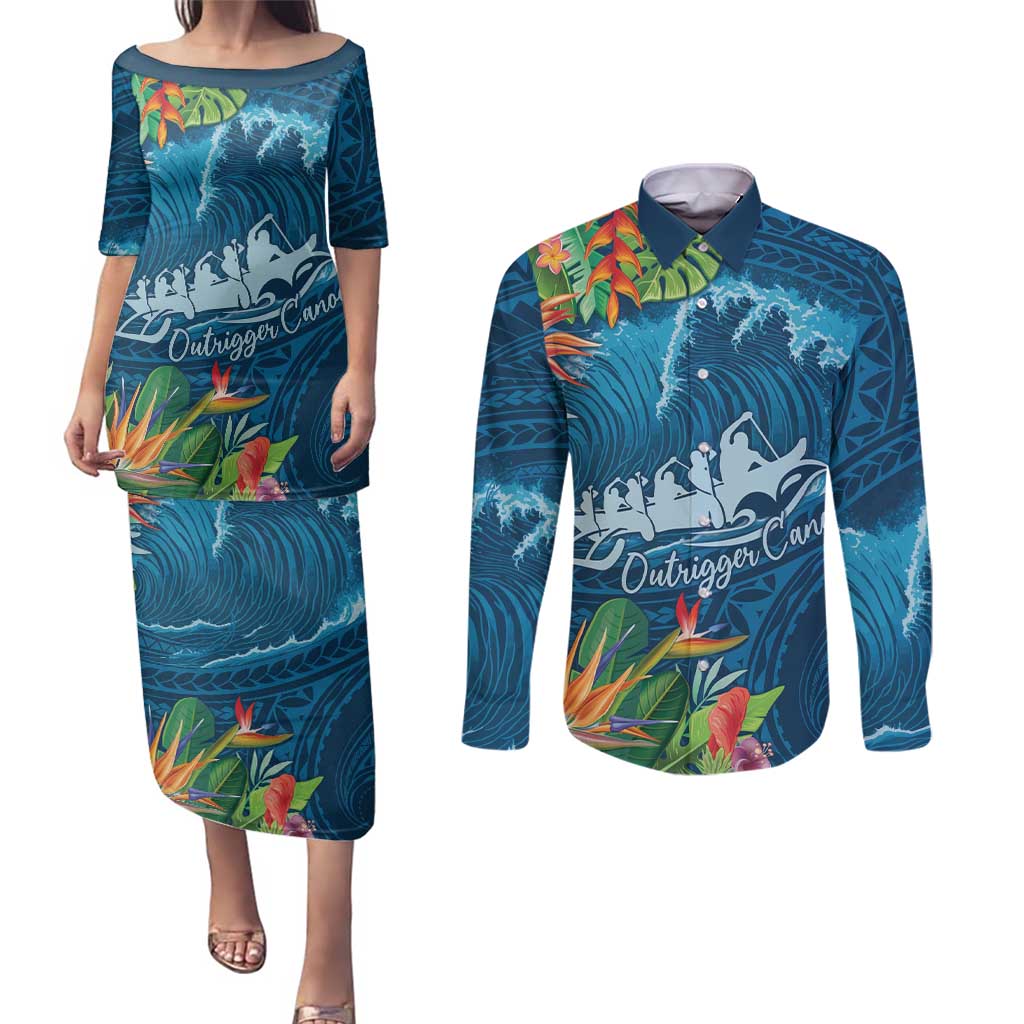 Outrigger Canoe Blue Couples Matching Puletasi and Long Sleeve Button Shirt On The Waves