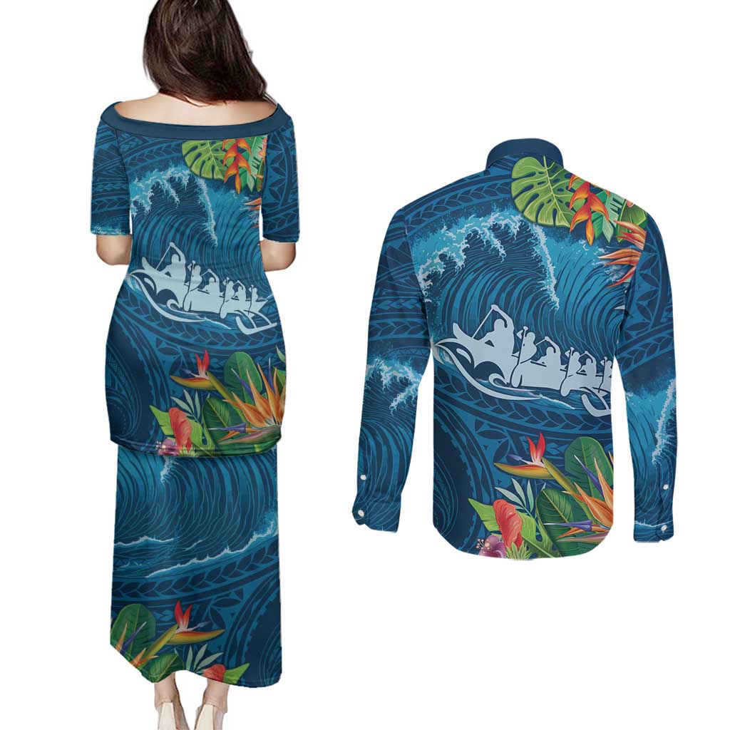 Outrigger Canoe Blue Couples Matching Puletasi and Long Sleeve Button Shirt On The Waves