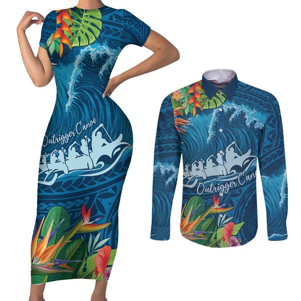 Outrigger Canoe Blue Couples Matching Short Sleeve Bodycon Dress and Long Sleeve Button Shirt On The Waves