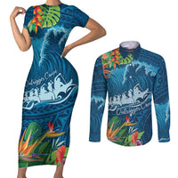 Outrigger Canoe Blue Couples Matching Short Sleeve Bodycon Dress and Long Sleeve Button Shirt On The Waves