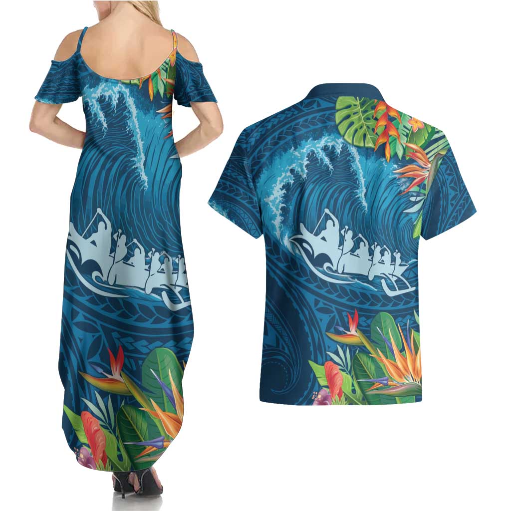 Outrigger Canoe Blue Couples Matching Summer Maxi Dress and Hawaiian Shirt On The Waves