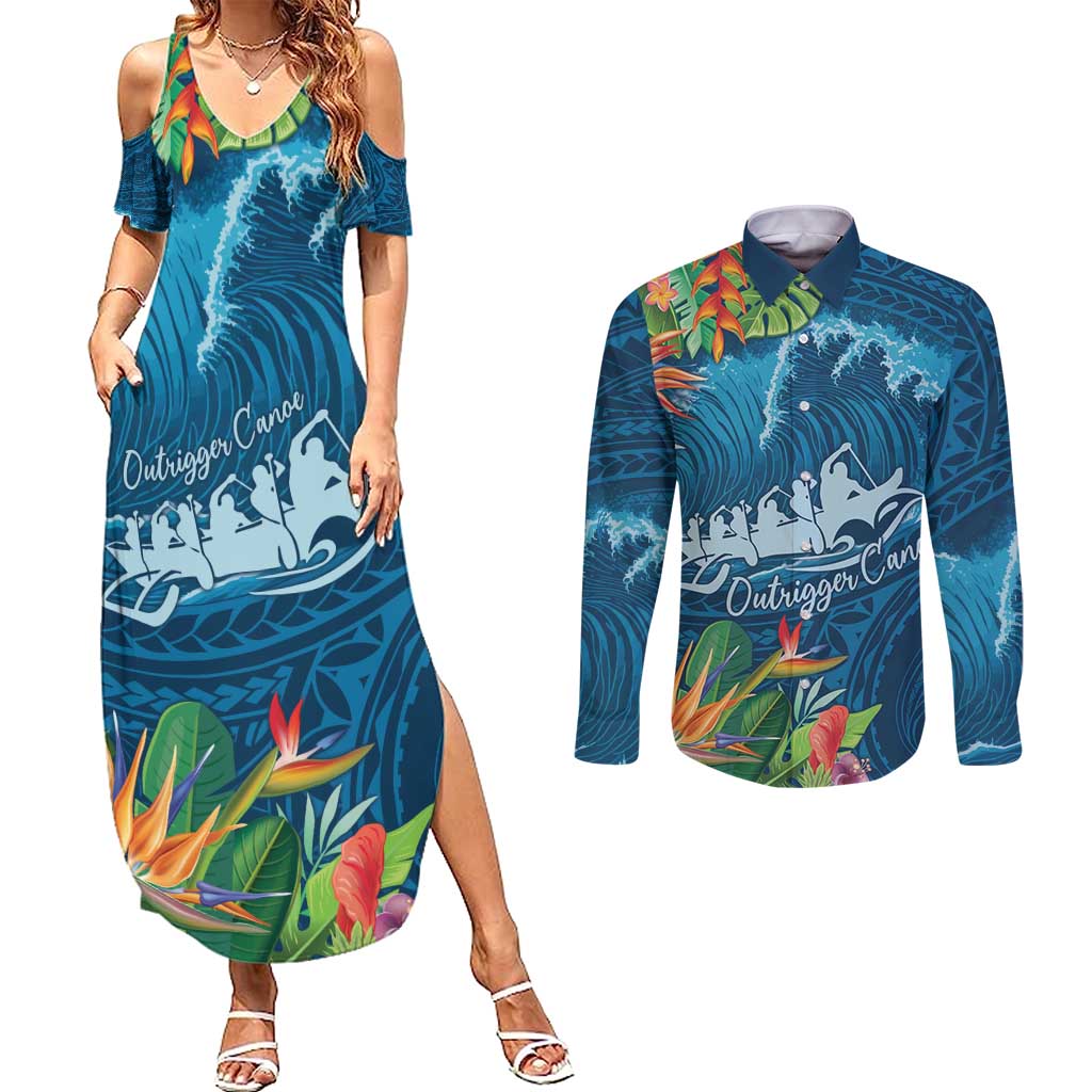 Outrigger Canoe Blue Couples Matching Summer Maxi Dress and Long Sleeve Button Shirt On The Waves
