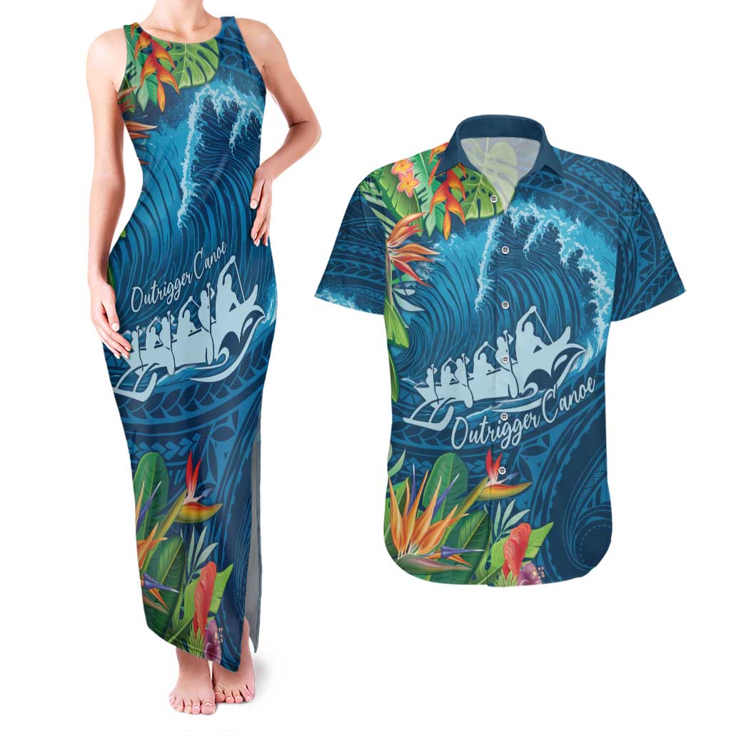 Outrigger Canoe Blue Couples Matching Tank Maxi Dress and Hawaiian Shirt On The Waves
