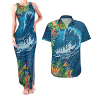 Outrigger Canoe Blue Couples Matching Tank Maxi Dress and Hawaiian Shirt On The Waves